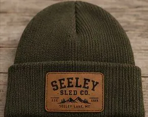 Cuffed Beanie, olive with tan leather patch