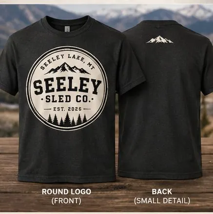 Premium T-Shirt, black with round logo front, small mountain back print