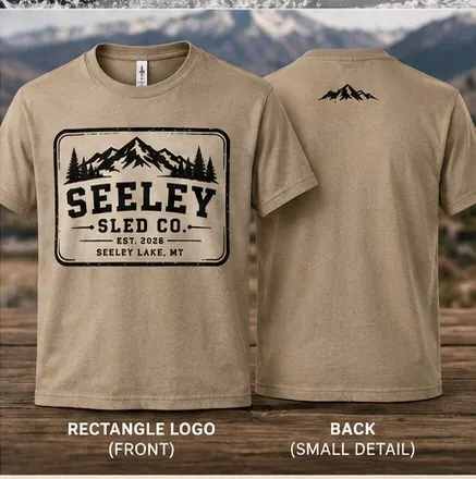 Premium T-Shirt, tan with rectangle logo front, small mountain back print
